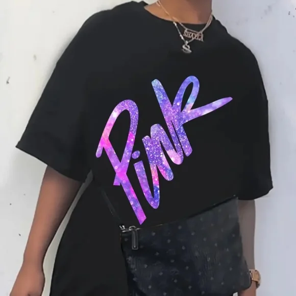 NWT !! Black T-Shirt with the Word PINK Printed on Front in Gradient Lettering💖 - Picture 13 of 16